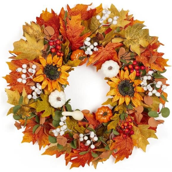 New Fall Wreath for Front Door, 22-24" Autumn Wreath with Sunflower, Pumpkin, - Picture 1 of 8